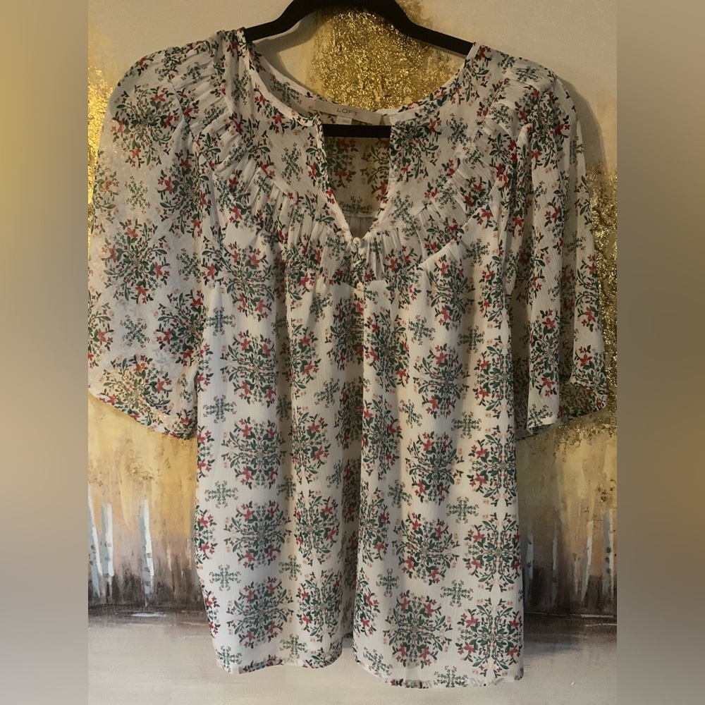 LOFT White Smocked 3/4 Sleeve Blouse